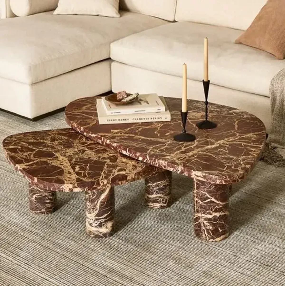 Sawyer Coffee Table Set - Merlot Marble - Red