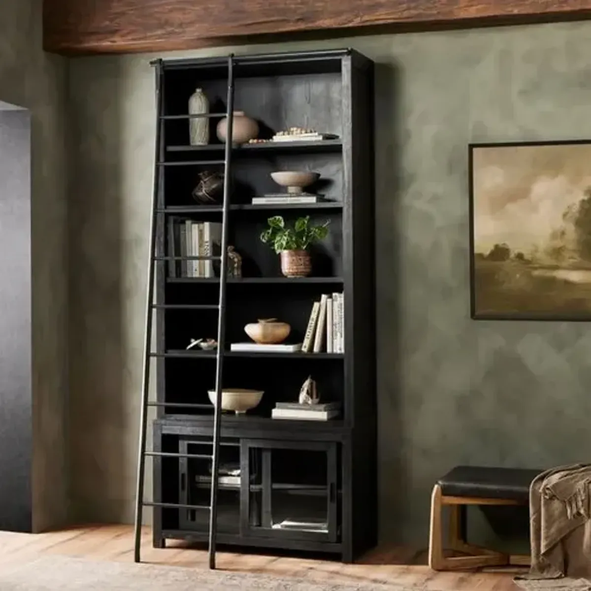 Harriett Bookcase & Ladder - Worn Black