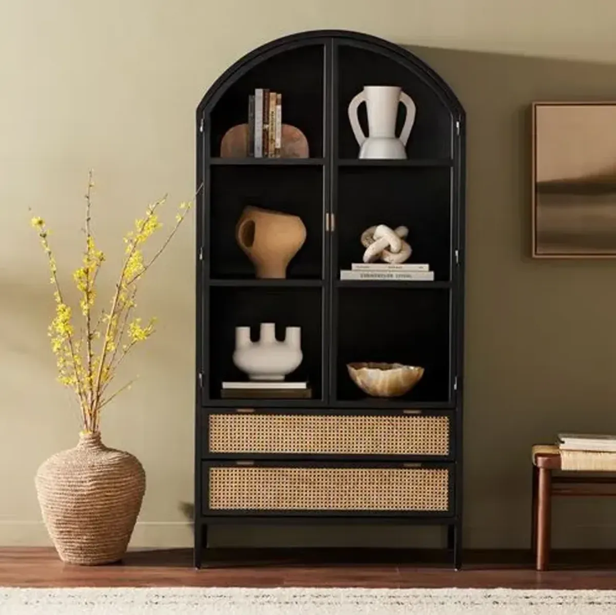 Wilda Arched Cabinet - Vintage Black/Natural Cane