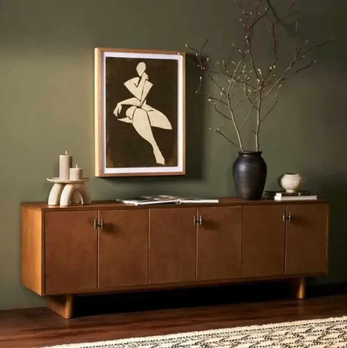 Scarlett Media Console - Amber Oak/Cognac Leather - Brown