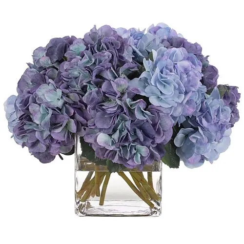 14" Hydrangea Arrangement in Glass Vase - Faux - NDI - Blue