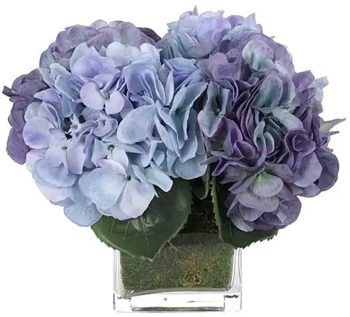 10" Hydrangea in Glass Vase with Moss - Faux - NDI - Blue