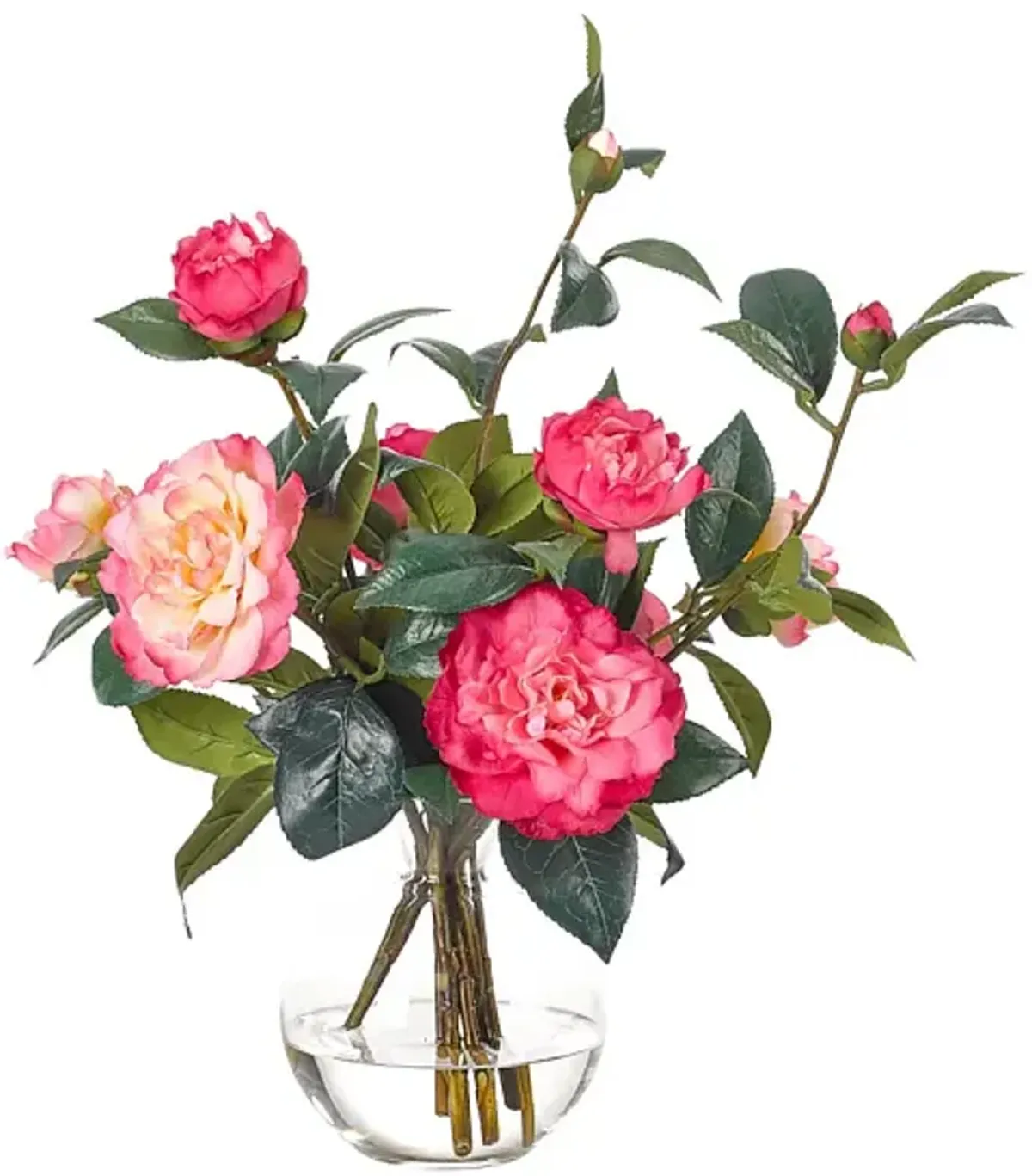 18" Pink Camellia Arrangement in Glass Bubble Vase, Faux