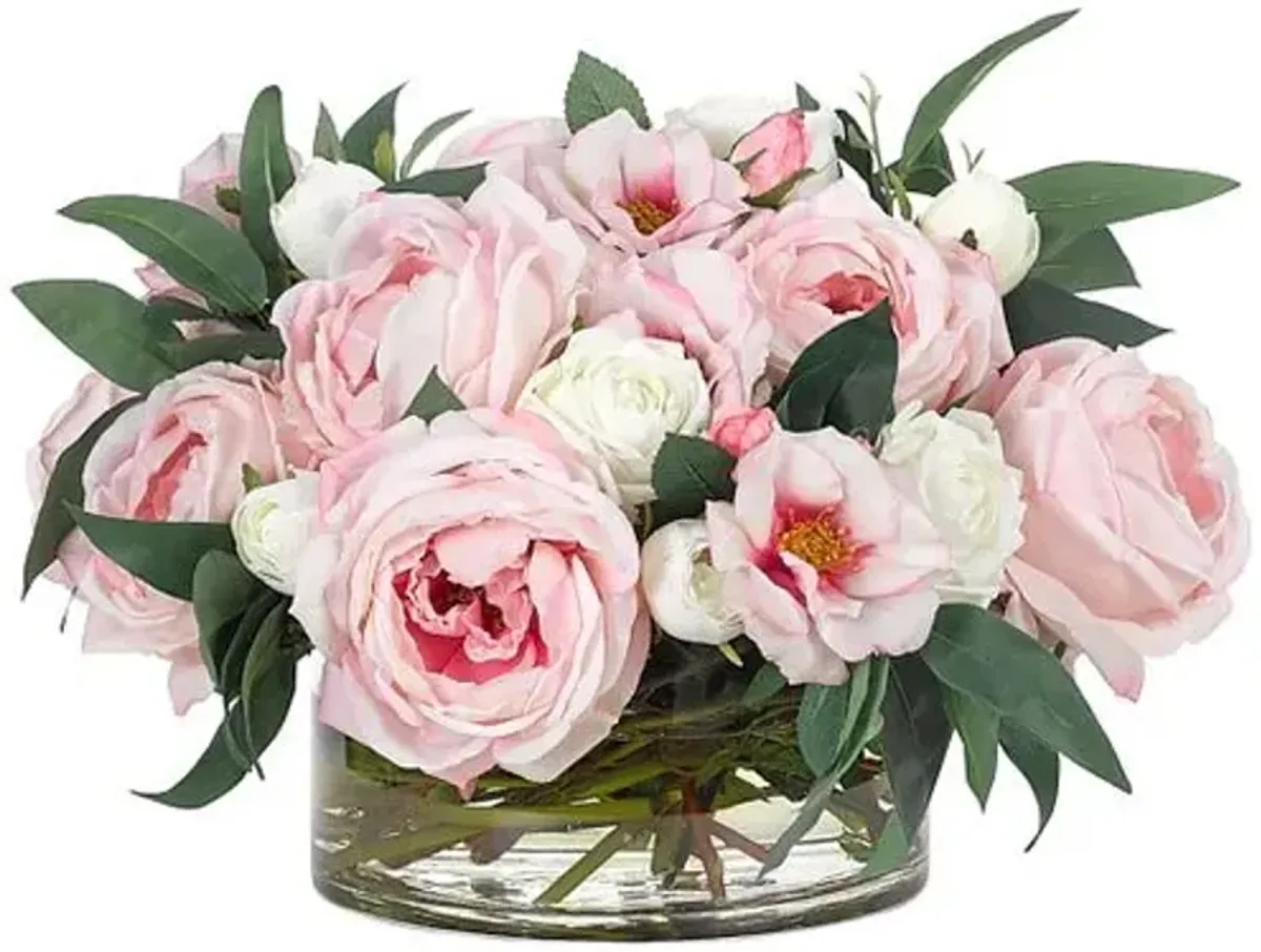 12" Rose Arrangement in Glass Bowl - Faux - NDI - Pink