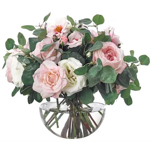 17" Roses in Glass Bubble Vase - Faux - NDI - Pink