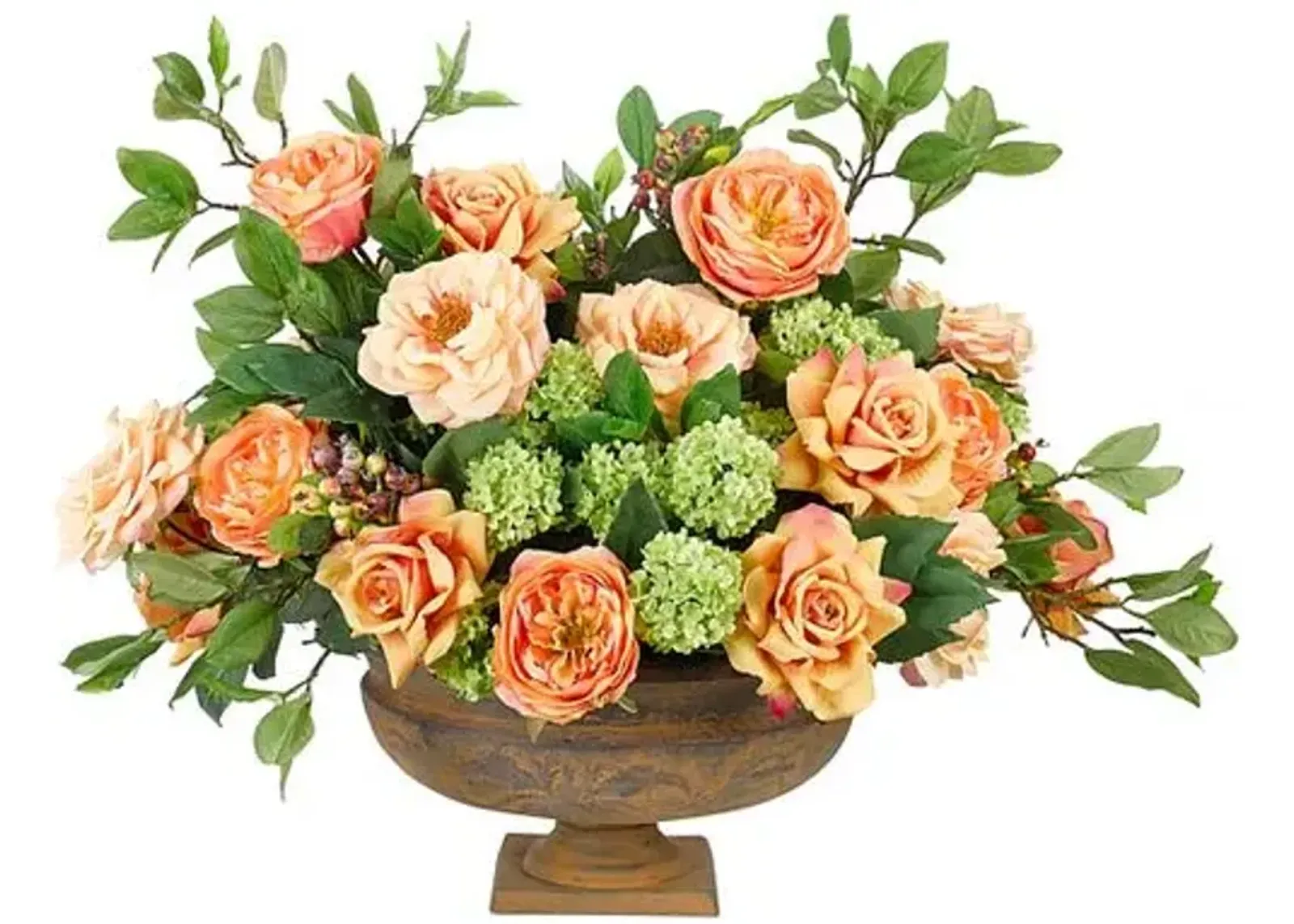 23" Rose Snowball Arrangement in Footed Urn - Faux - NDI - Orange