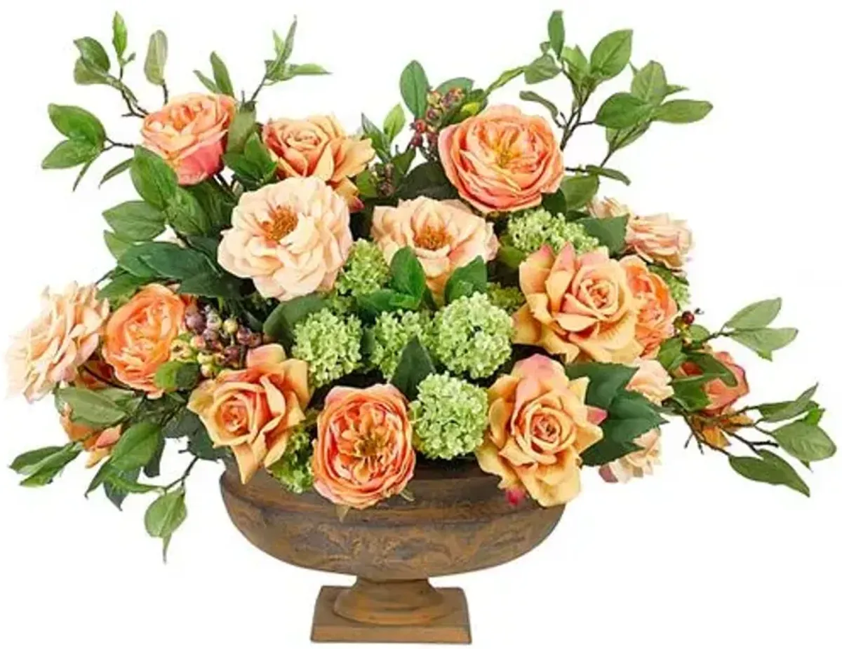 23" Rose Snowball Arrangement in Footed Urn - Faux - NDI - Orange