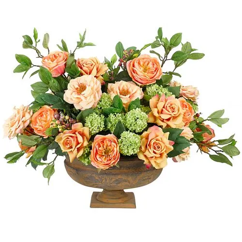 23" Rose Snowball Arrangement in Footed Urn - Faux - NDI - Orange