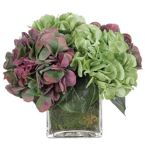 10" Hydrangeas in Glass Cube Vase with Moss - Faux - NDI - Purple