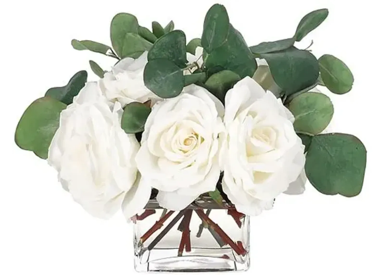 10" Rose Arrangement in Glass Cube Vase - Faux - NDI - White