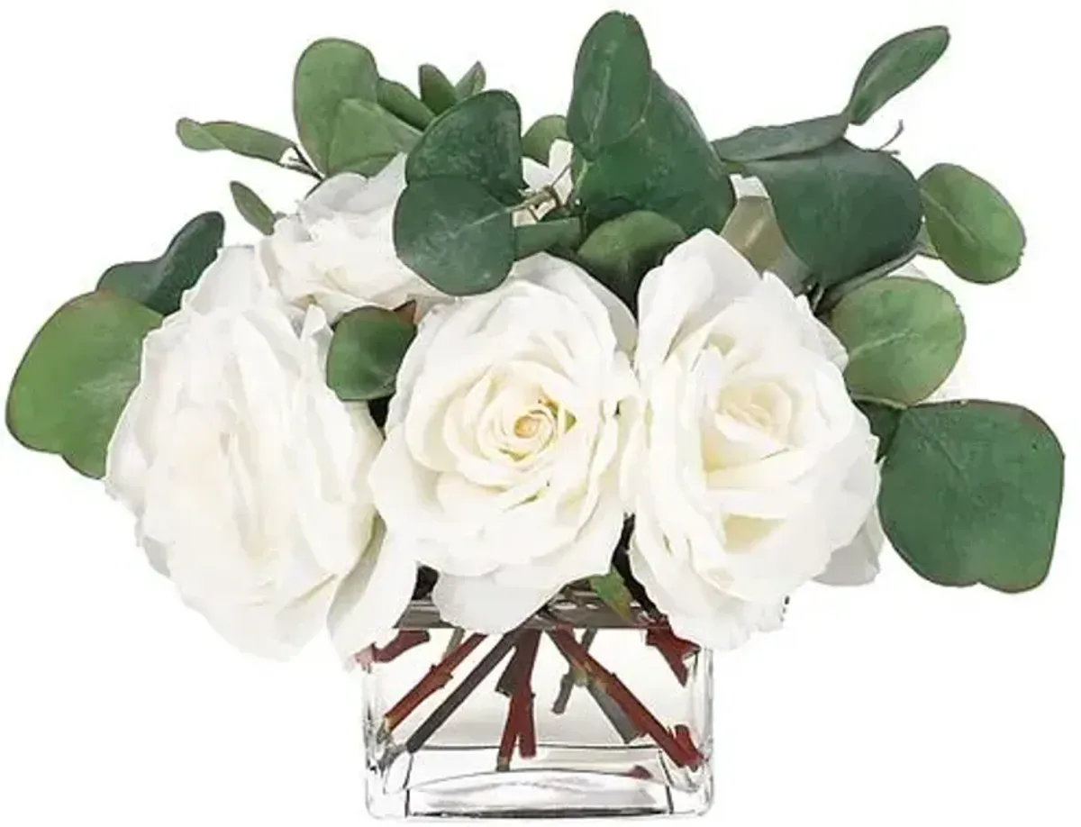 10" Rose Arrangement in Glass Cube Vase - Faux - NDI - White