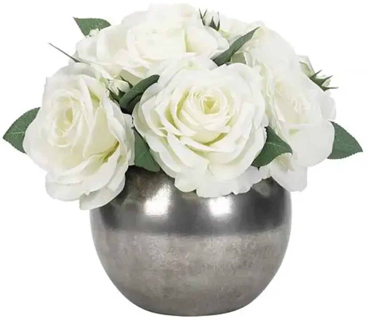 10" Rose Arrangment in Ceramic Bowl - Faux - NDI - White