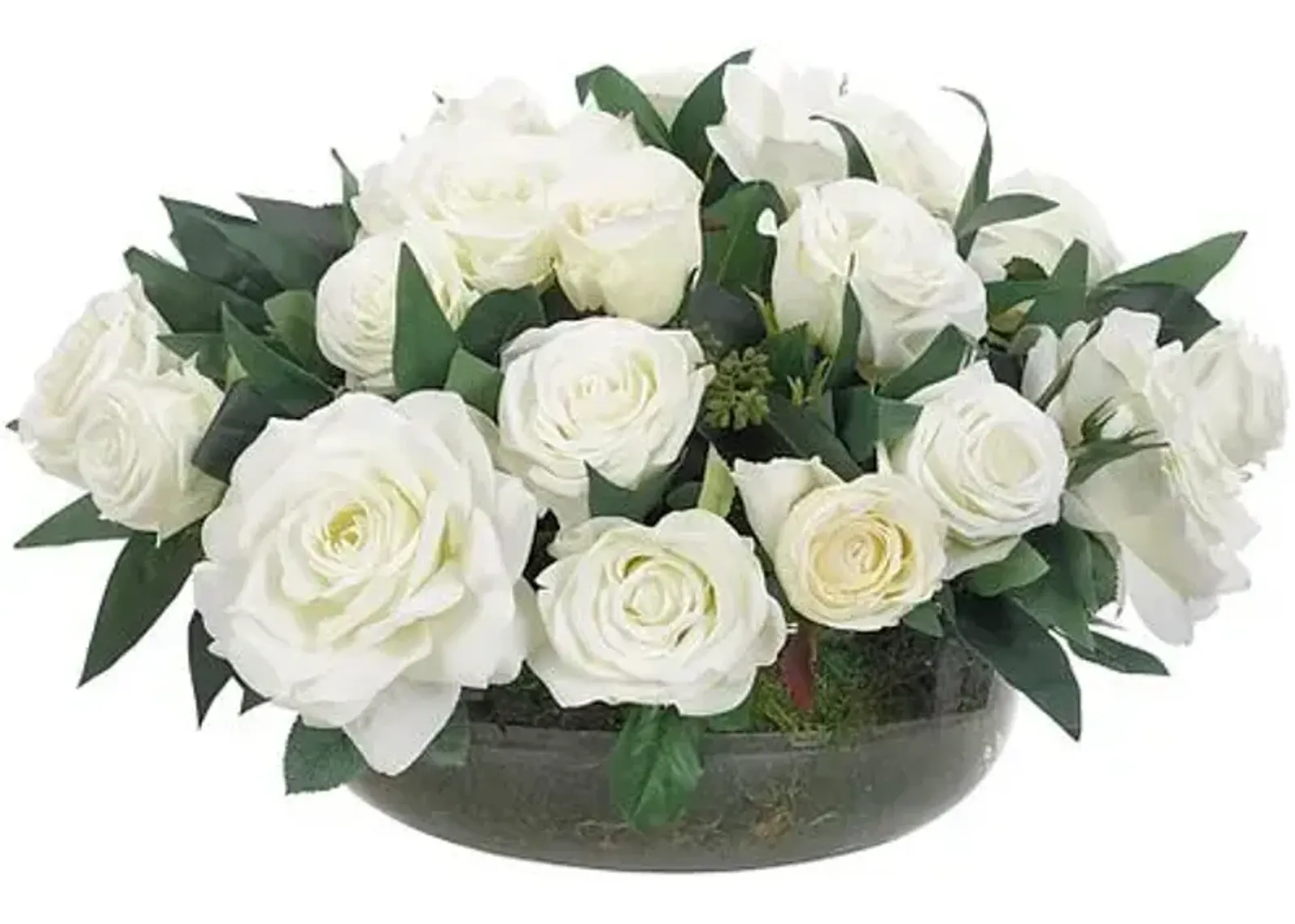 12" Rose Arrangement in Glass Bowl with Moss - Faux - NDI - White