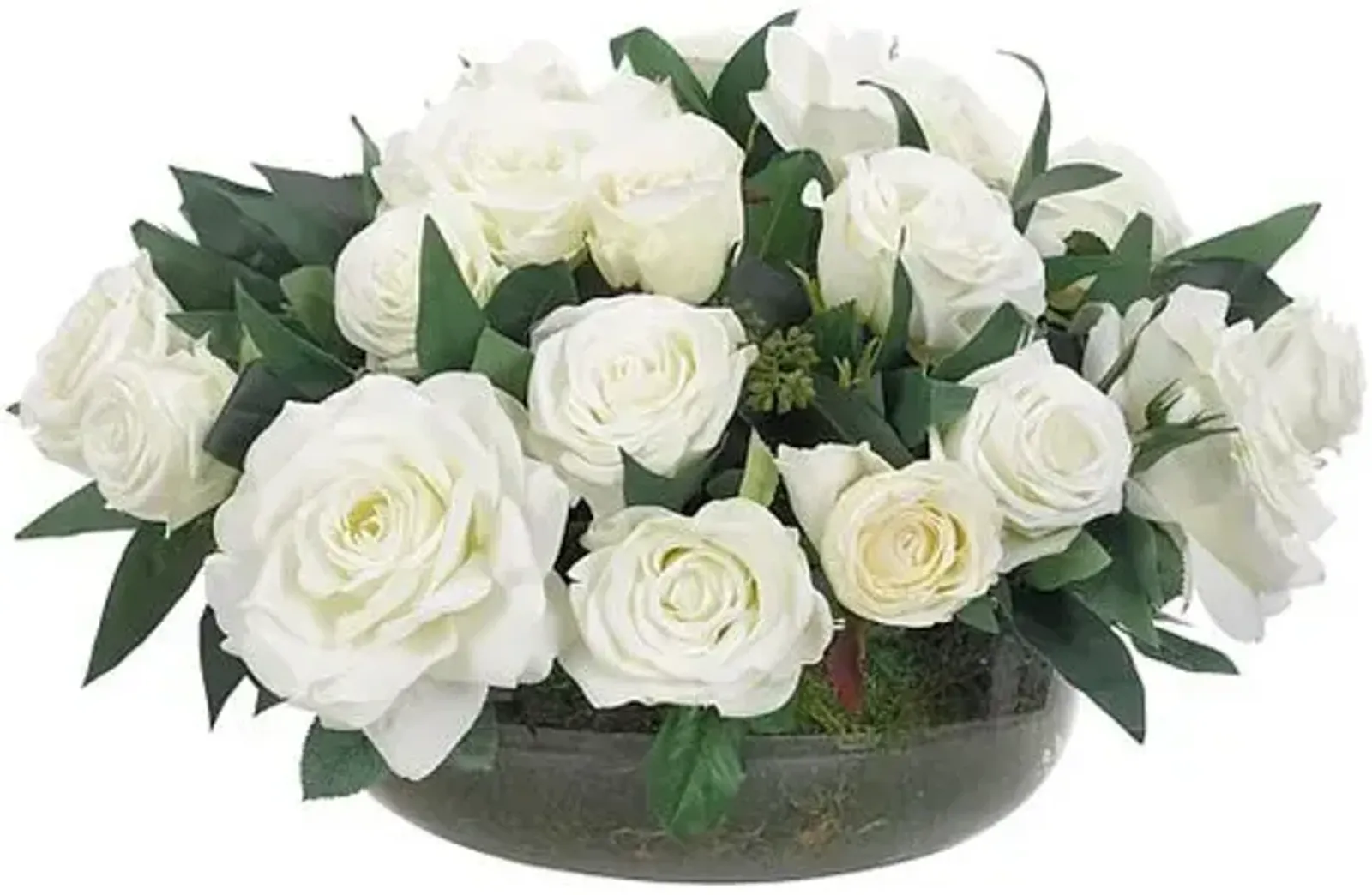 12" Rose Arrangement in Glass Bowl with Moss - Faux - NDI - White