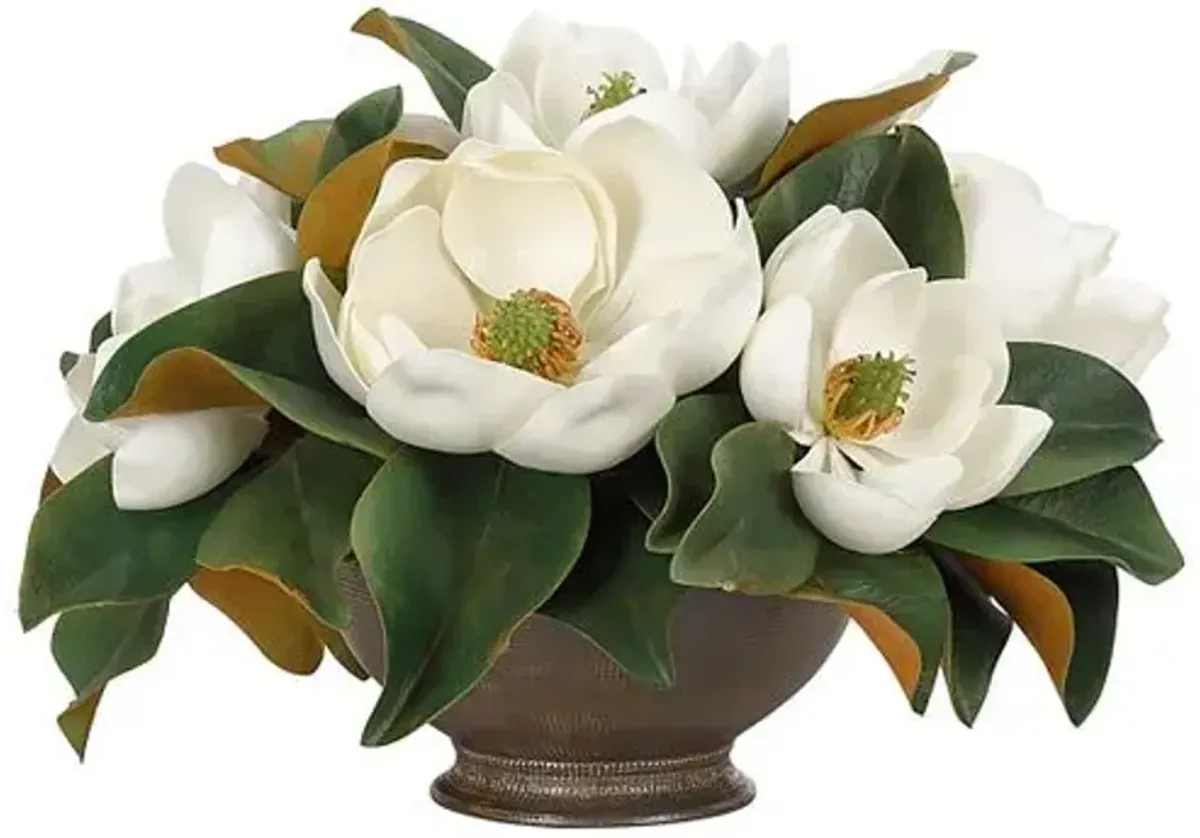 10" Magnolia Arrangement in Ceramic Bowl - Faux - NDI - White