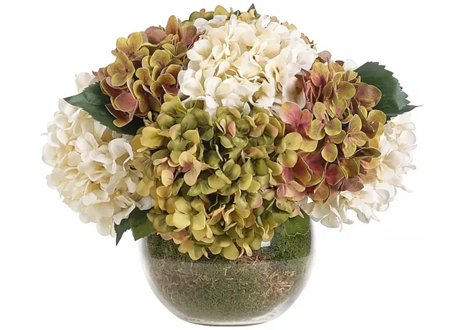 12" Hydrangea with Moss in Glass Bubble Vase - Faux - NDI - Green