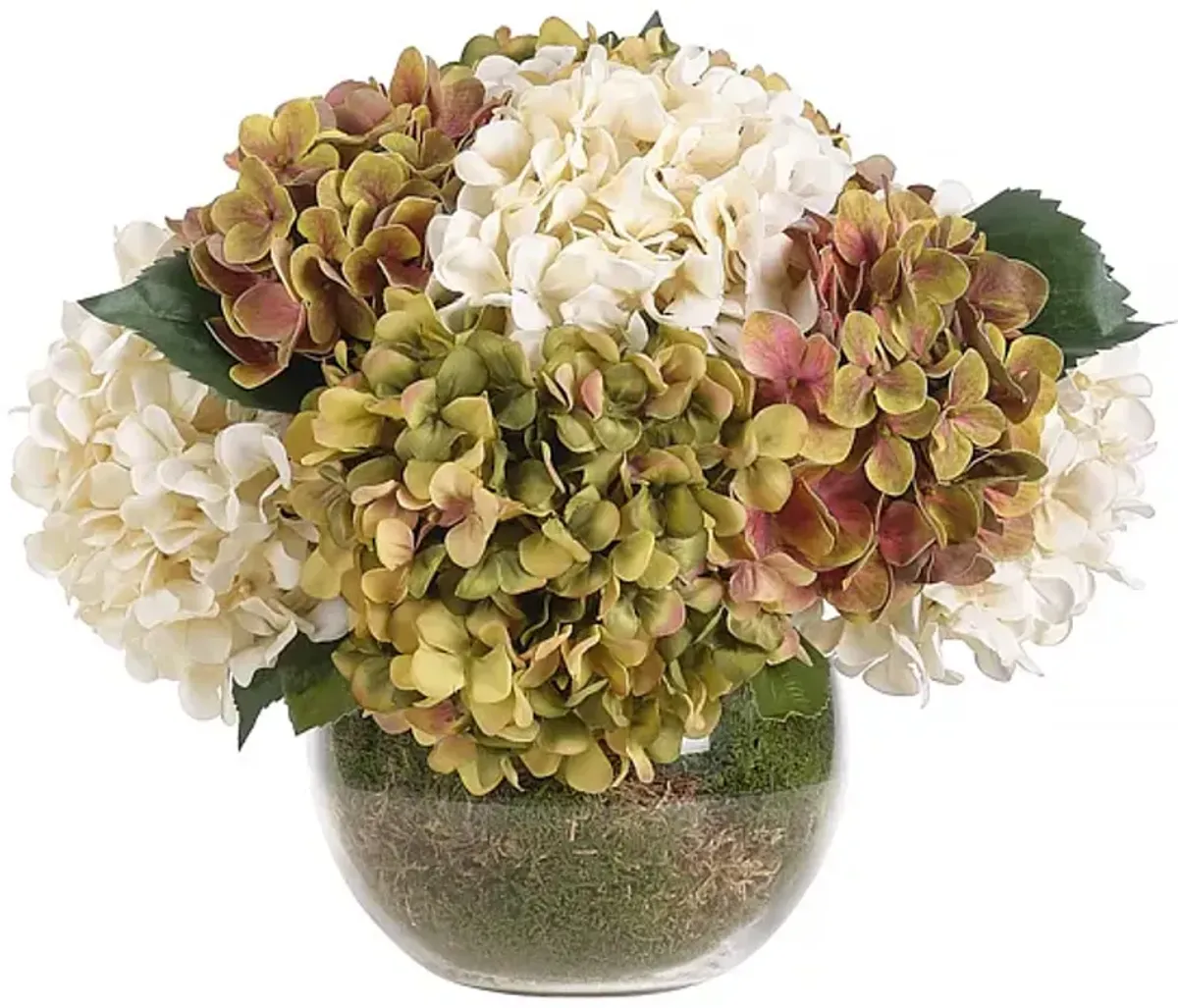 12" Hydrangea with Moss in Glass Bubble Vase - Faux - NDI - Green