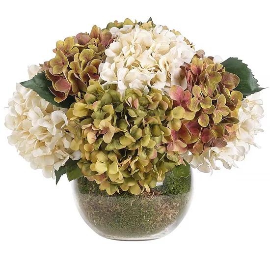 12" Hydrangea with Moss in Glass Bubble Vase - Faux - NDI - Green