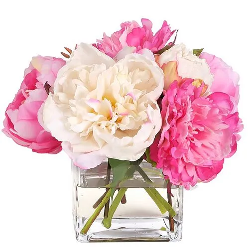 8" Peony Arrangement in Glass Cube Vase - Faux - NDI - Pink