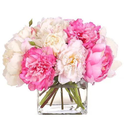 11" Peony Arrangement in Glass Cube Vase - Faux - NDI - Pink