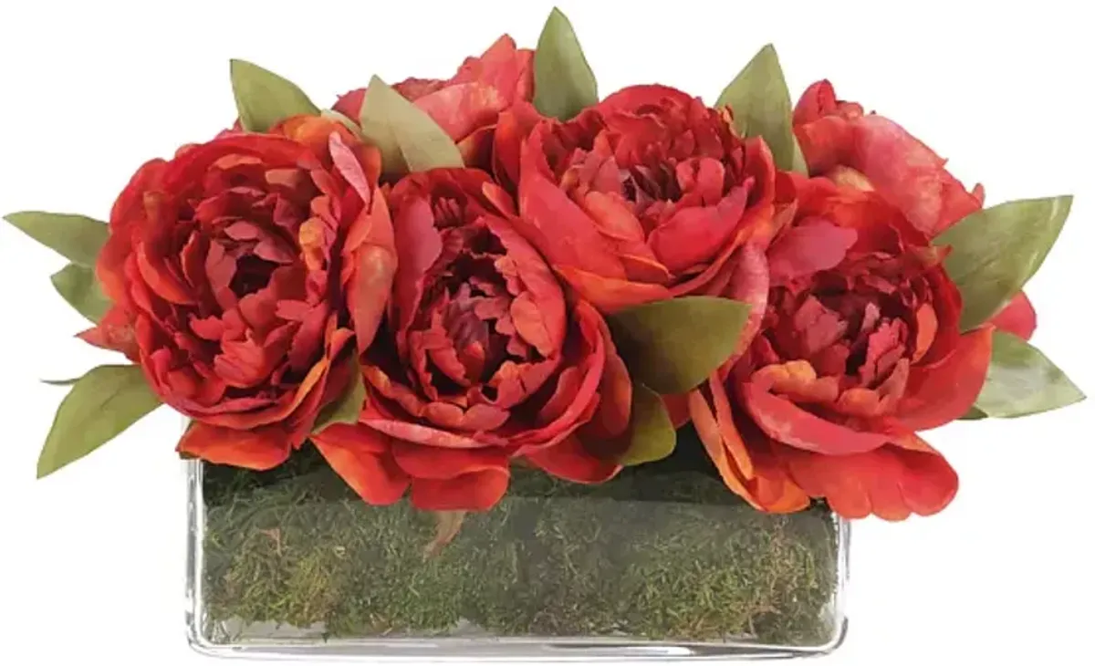 8" Peony Arrangement with Moss in Glass Rectangle Vase, Faux