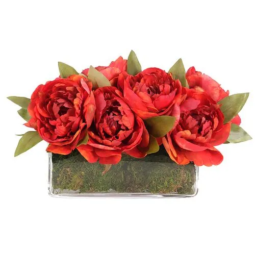 8" Peony Arrangement with Moss in Glass Rectangle Vase - Faux - NDI - Orange