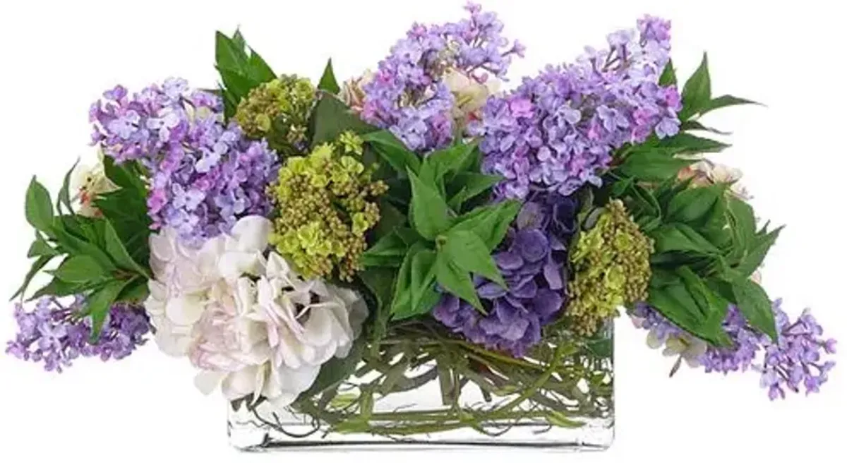 13" Hydrangea Arrangment in Glass Rectangle Vase - Faux - NDI - Purple