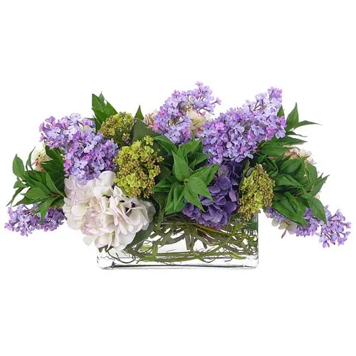 13" Hydrangea Arrangment in Glass Rectangle Vase - Faux - NDI - Purple