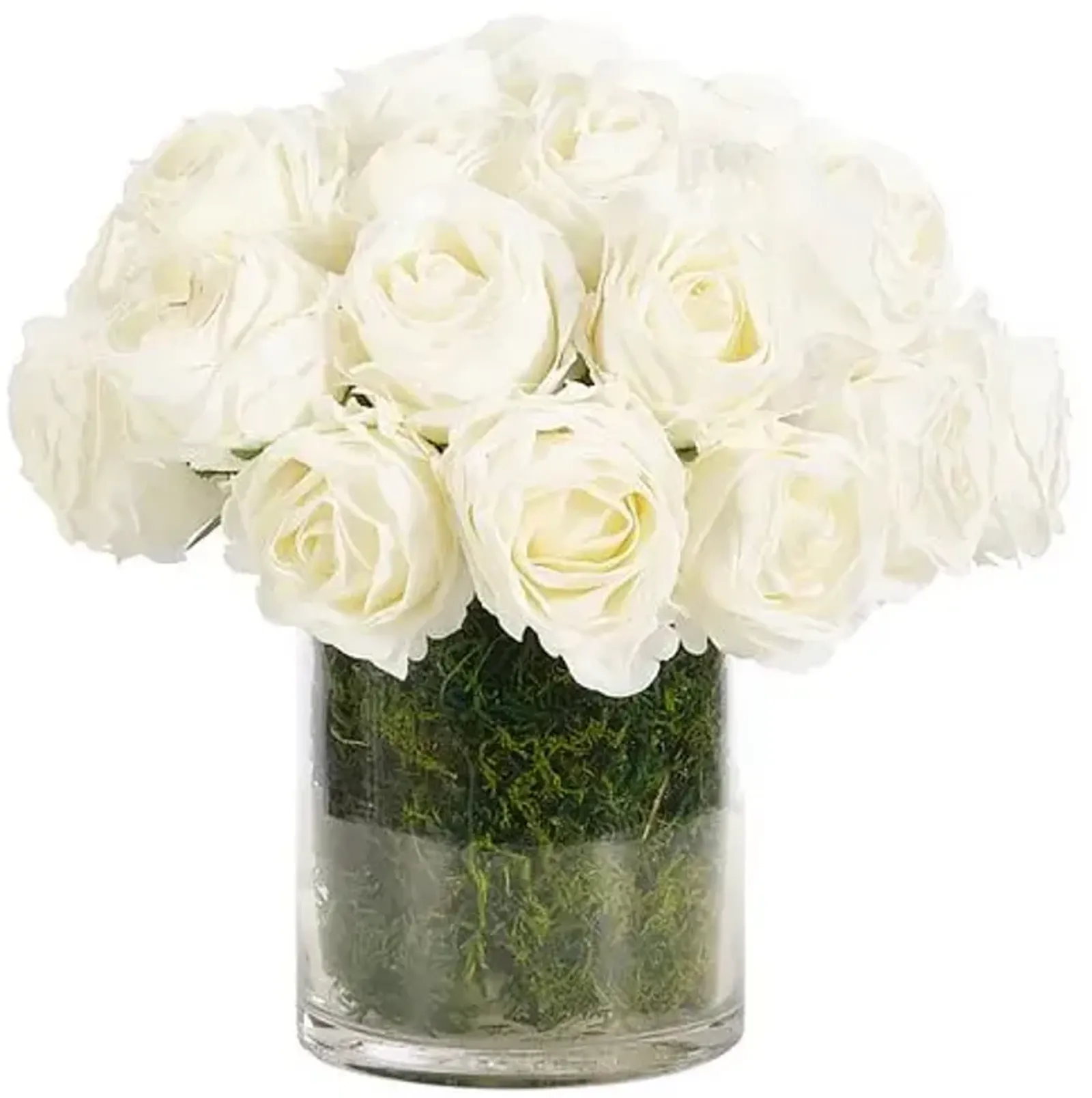 10" Rose Arrangement with Moss in Glass Cylinder - Faux - NDI - White