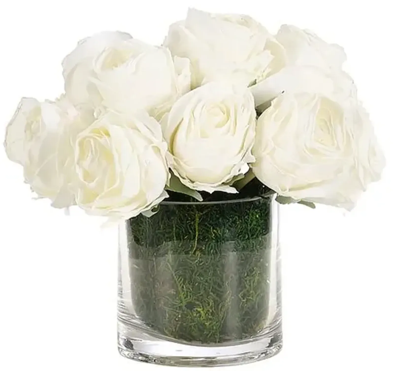 8" Rose Arrangement with Moss in Glass Cylinder - Faux - NDI - White