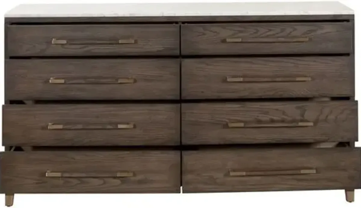 Aspen 8-Drawer Double Dresser - Brown Oak/White Marble