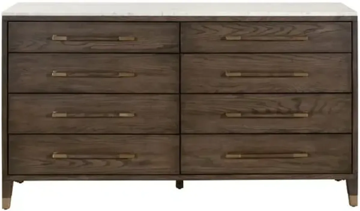 Aspen 8-Drawer Double Dresser - Brown Oak/White Marble