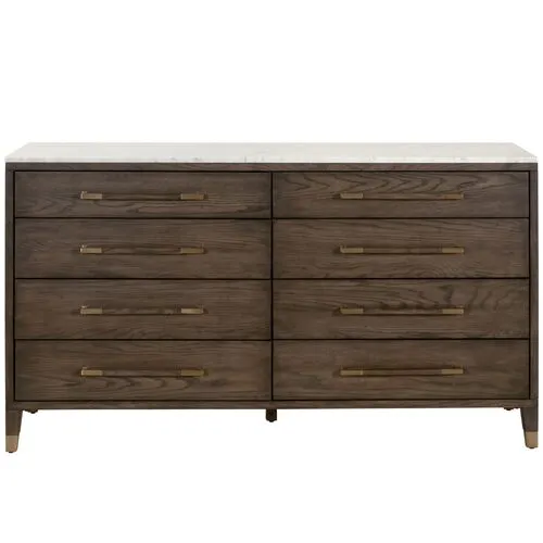 Aspen 8-Drawer Double Dresser - Brown Oak/White Marble