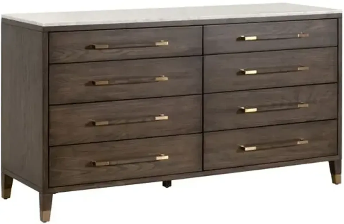 Aspen 8-Drawer Double Dresser - Brown Oak/White Marble