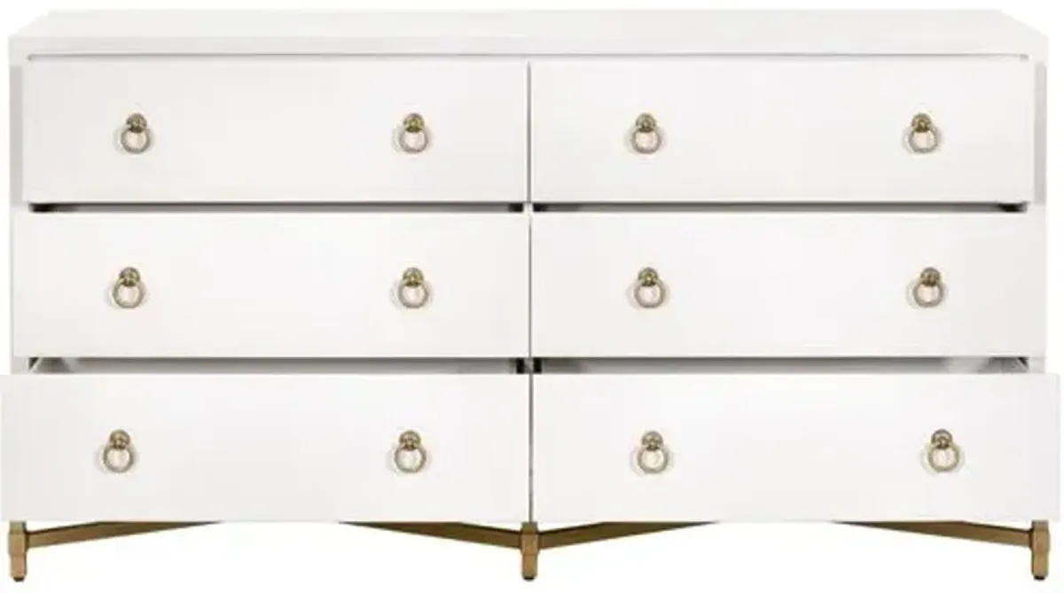 Sophia Shagreen 6-Drawer Double Dresser - Pearl/Brushed Gold - White