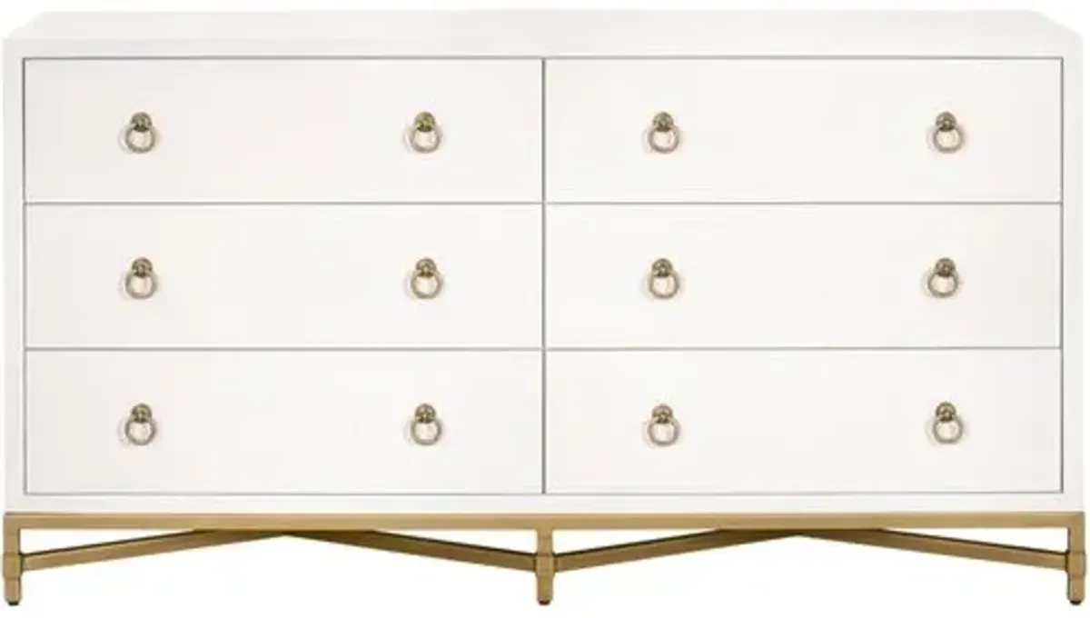 Sophia Shagreen 6-Drawer Double Dresser - Pearl/Brushed Gold - White