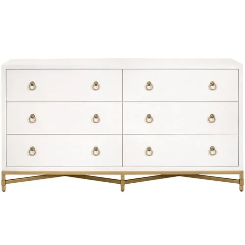 Sophia Shagreen 6-Drawer Double Dresser - Pearl/Brushed Gold - White