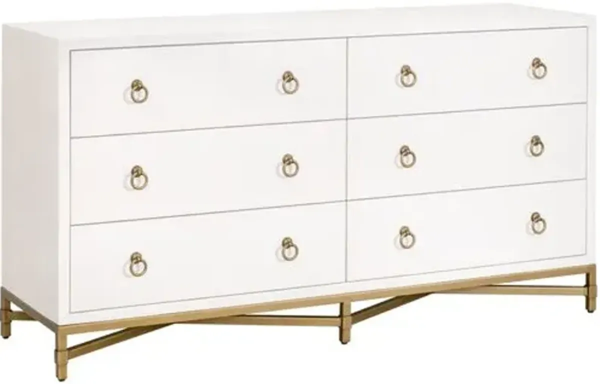 Sophia Shagreen 6-Drawer Double Dresser - Pearl/Brushed Gold - White