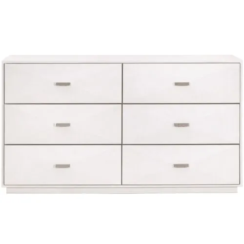 Fisher Shagreen 6-Drawer Double Dresser - Pearl/Brushed Stainless Steel - White