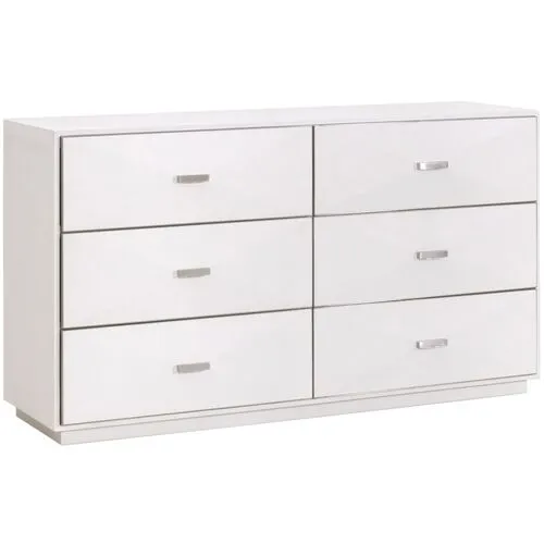 Fisher Shagreen 6-Drawer Double Dresser - Pearl/Brushed Stainless Steel - White