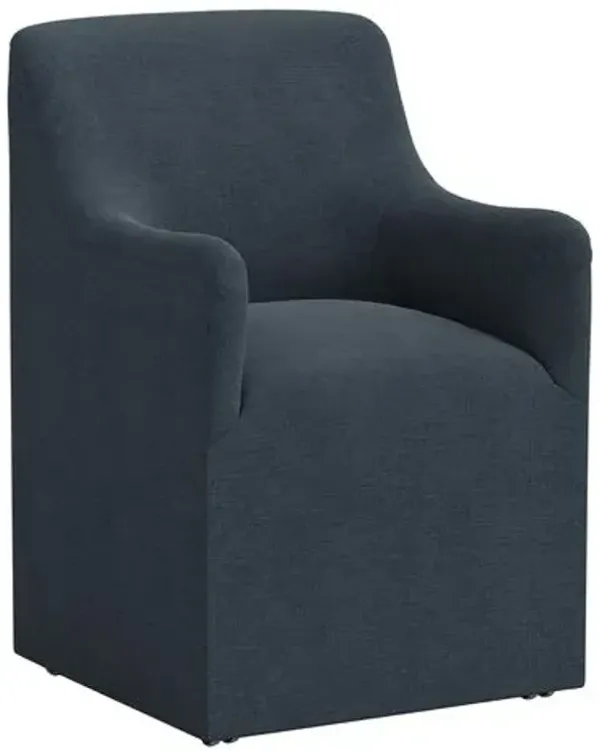 Tess Dining Armchair with Casters - Linen - Handcrafted - Blue