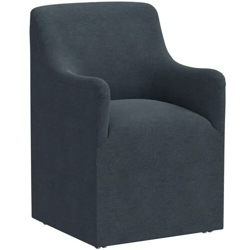 Tess Dining Armchair with Casters - Linen - Handcrafted - Blue