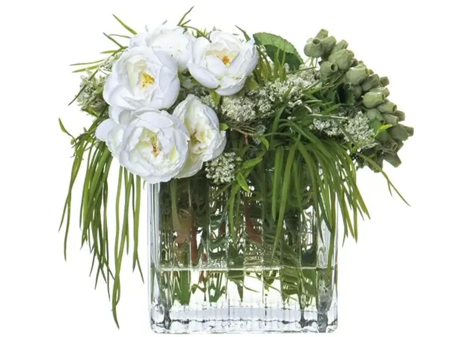 10.5" Queen Anne's/Ranun/Berry/Grass Arrangement in Glass Vase - Faux - White