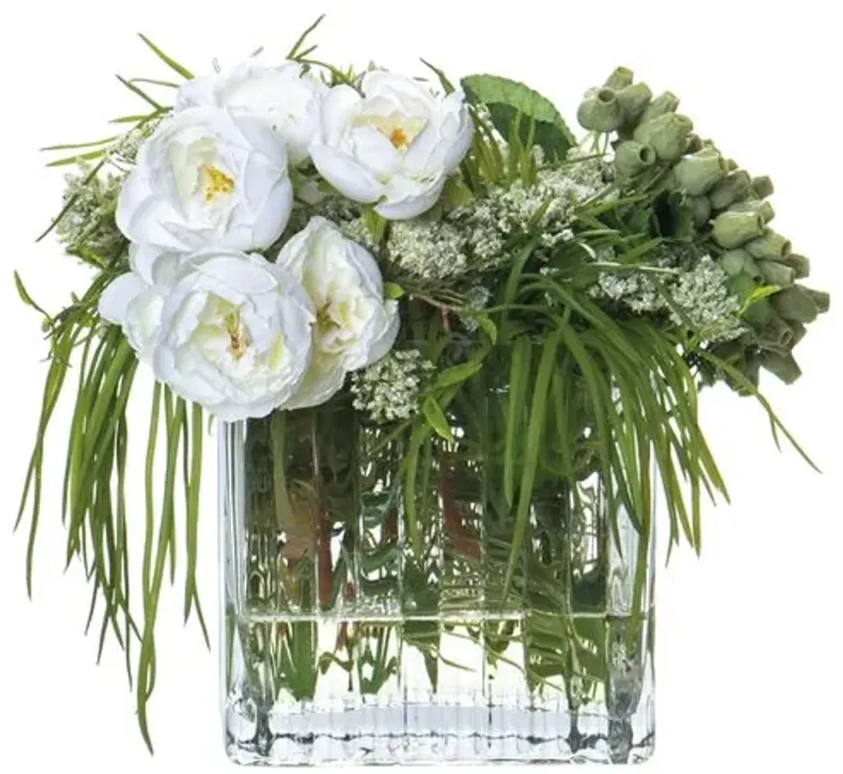 10.5" Queen Anne's/Ranun/Berry/Grass Arrangement in Glass Vase - Faux - White