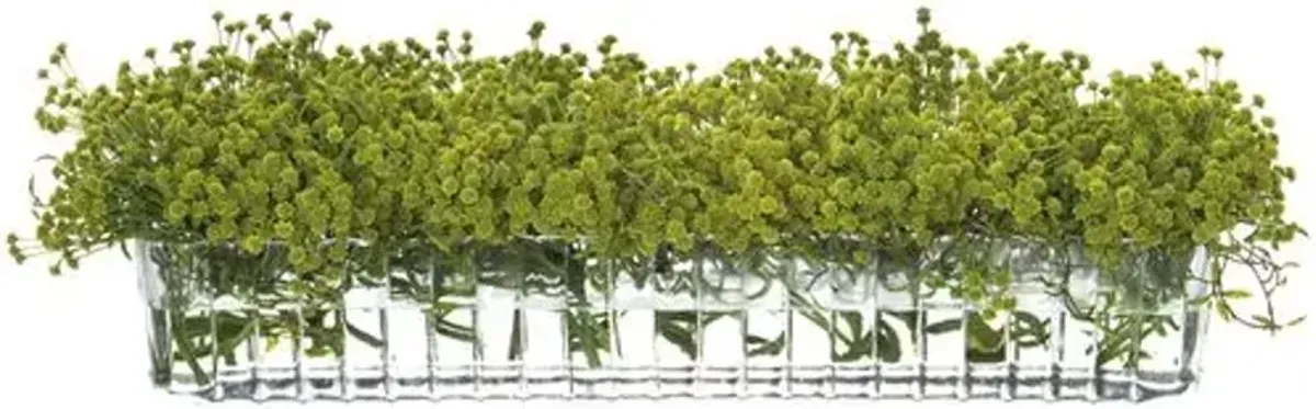 9" Baby's Breath/Mini Leaf Arrangement in Long Ribbed Glass Vase - Faux - Green