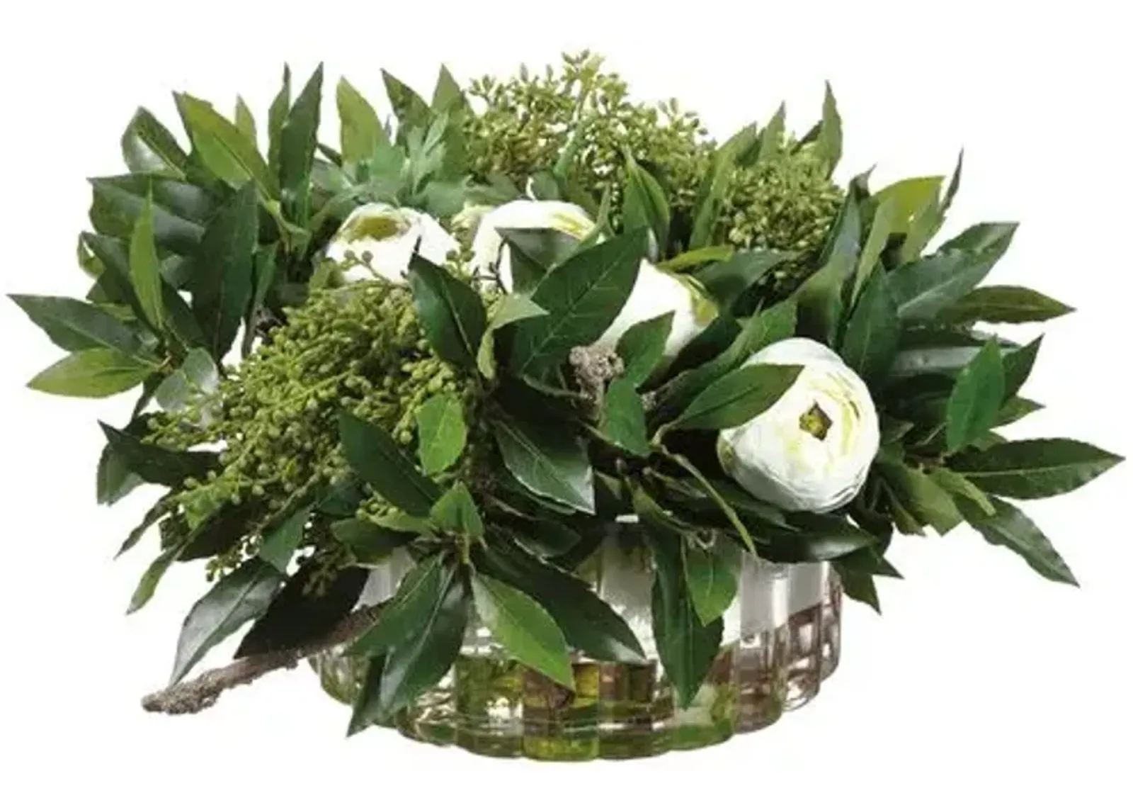 11" Sweet Bay Leaf/Ranunculus Arrangement - Faux - Green