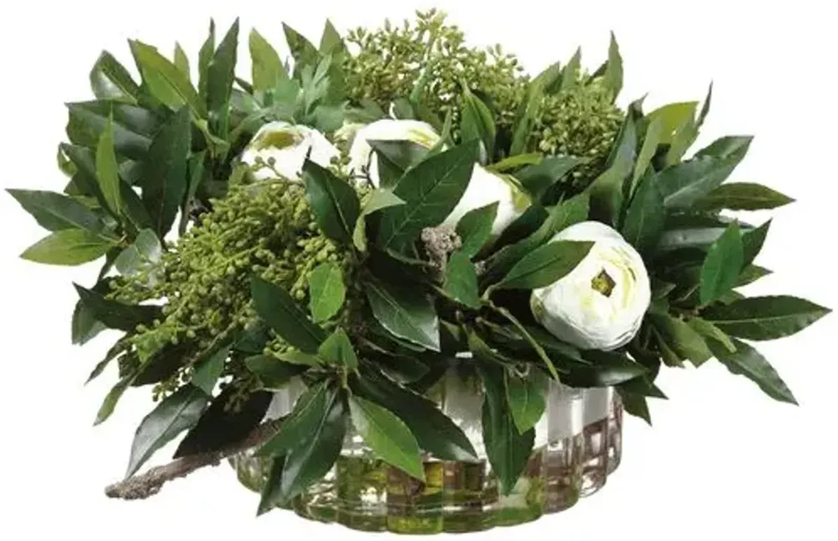 11" Sweet Bay Leaf/Ranunculus Arrangement - Faux - Green