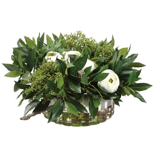 11" Sweet Bay Leaf/Ranunculus Arrangement - Faux - Green