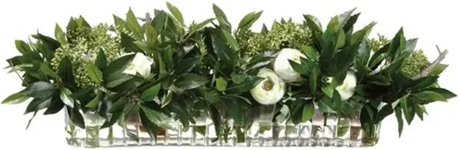 12" Sweet Bay Leaf/ Ranunculus Arrangement - Faux - White