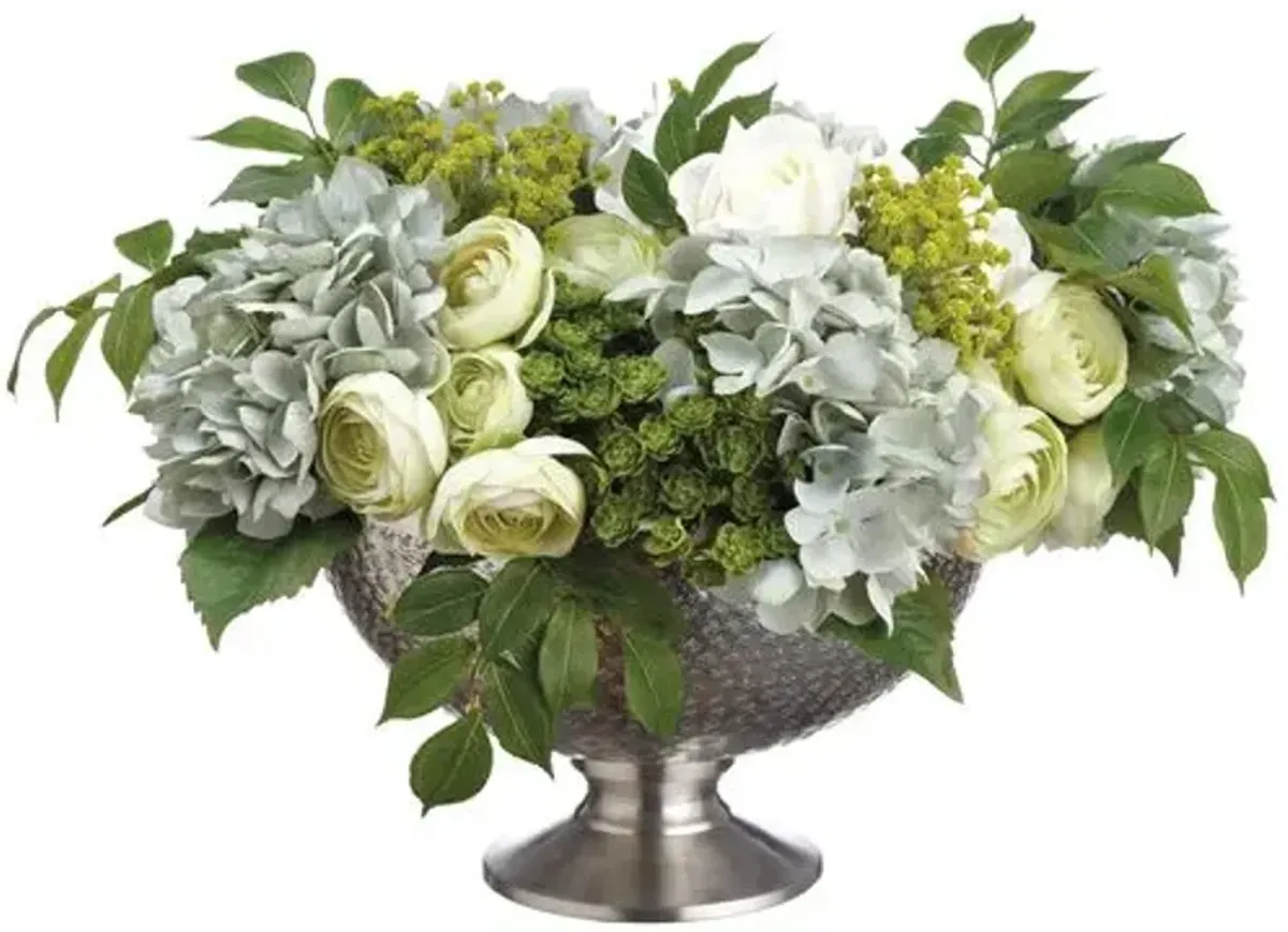 14" Hydrangea/Ranunculus/Rose Arrangement - Faux - Blue